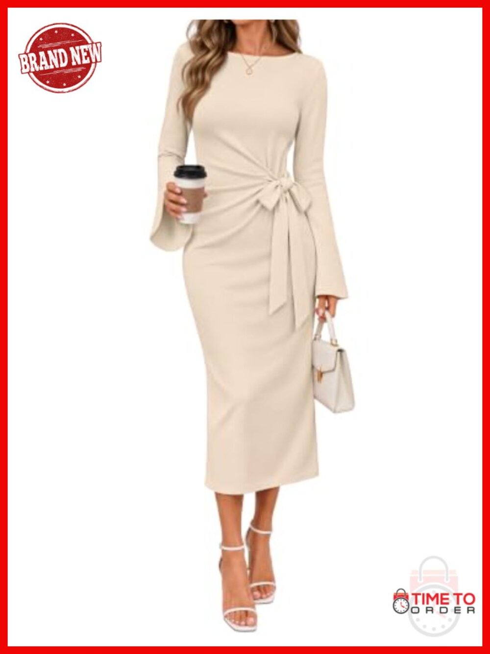 Long Sleeve Midi Dress Belted Tie Waist Ruched Casual Work